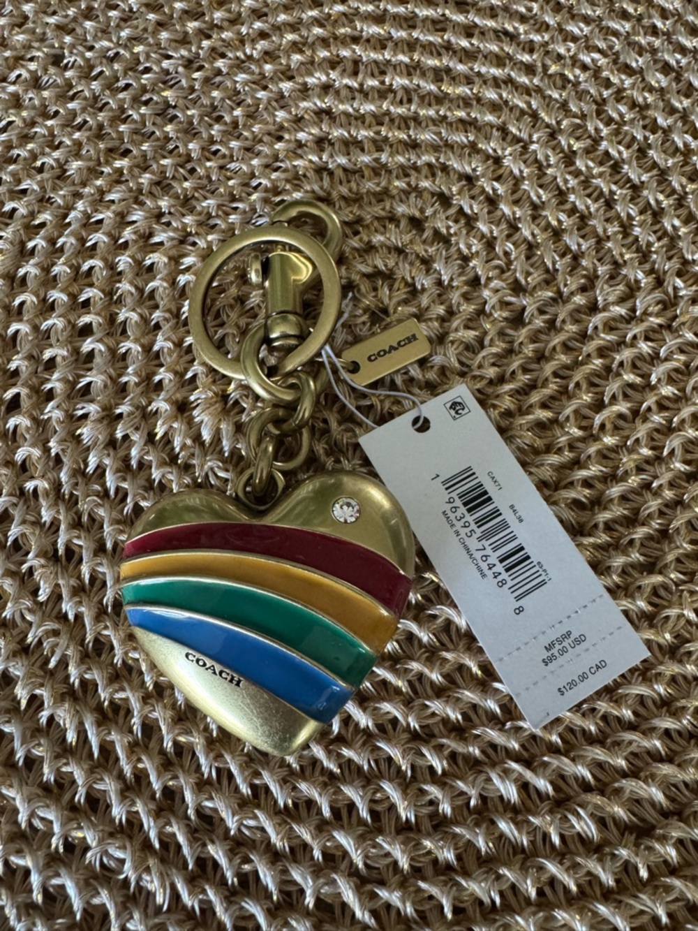 NWT Coach Gold-Tone Heart Bag Charm/Keychain with Red, Yellow, Green & Blue